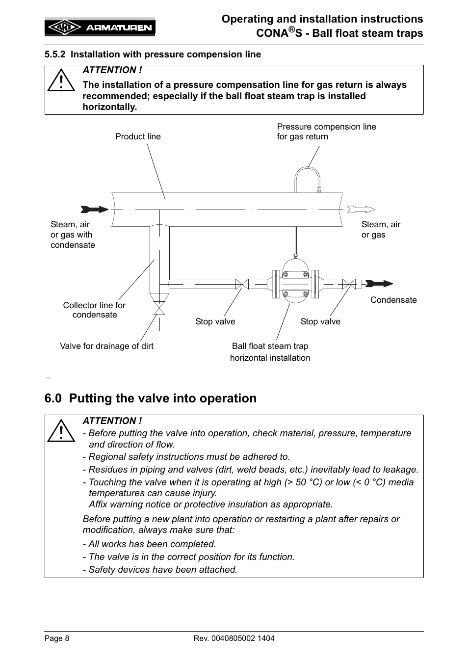 0 putting the valve into operation, Operating and installation instructions cona, S - ball float steam traps | ARI Armaturen CONA S PN40 EN User Manual | Page 8 / 15