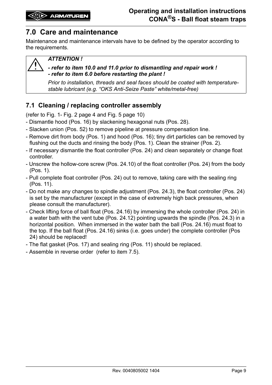0 care and maintenance | ARI Armaturen CONA S PN40 EN User Manual | Page 9 / 15