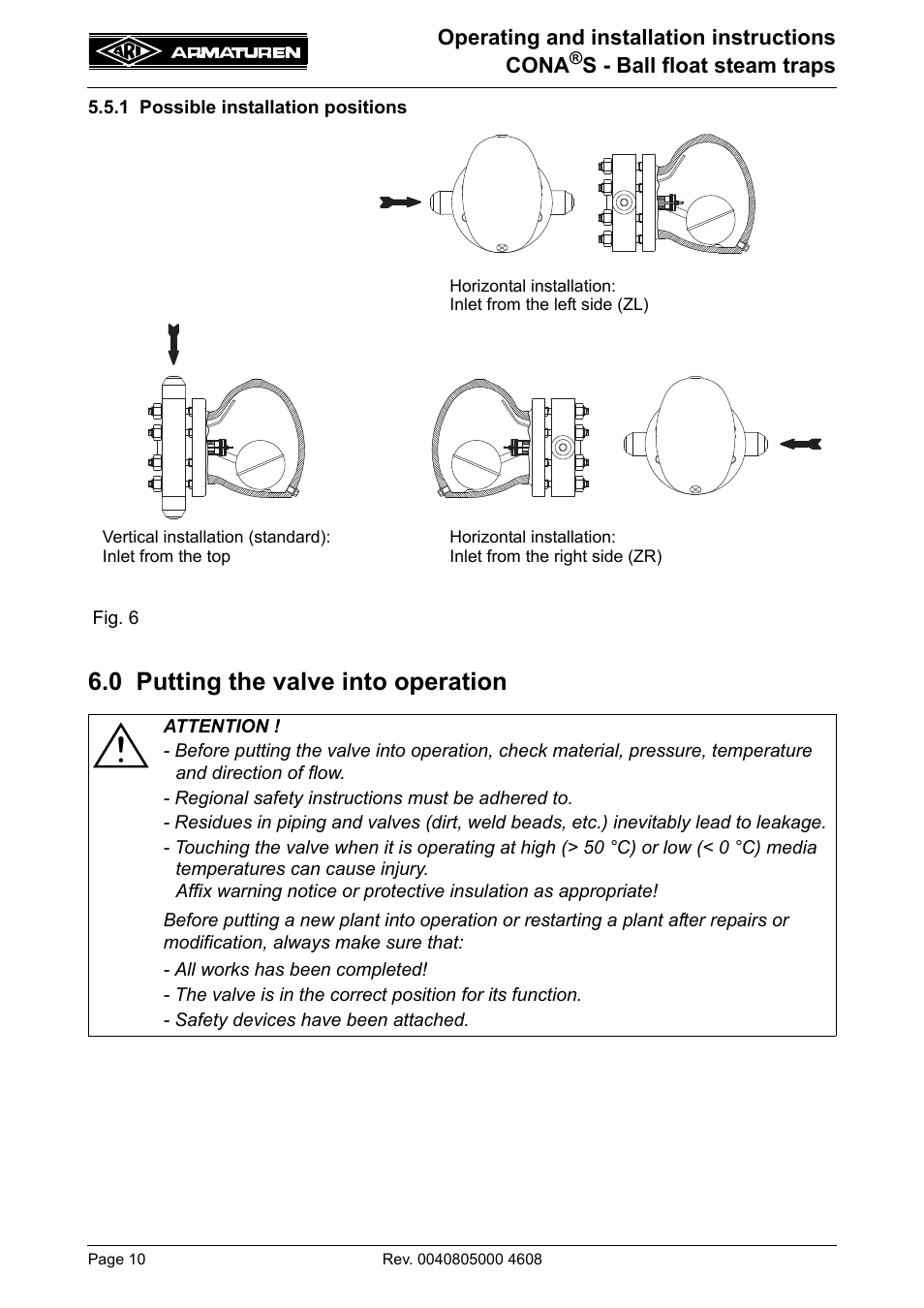 1 possible installation positions, 0 putting the valve into operation | ARI Armaturen CONA S PN160 EN User Manual | Page 10 / 18