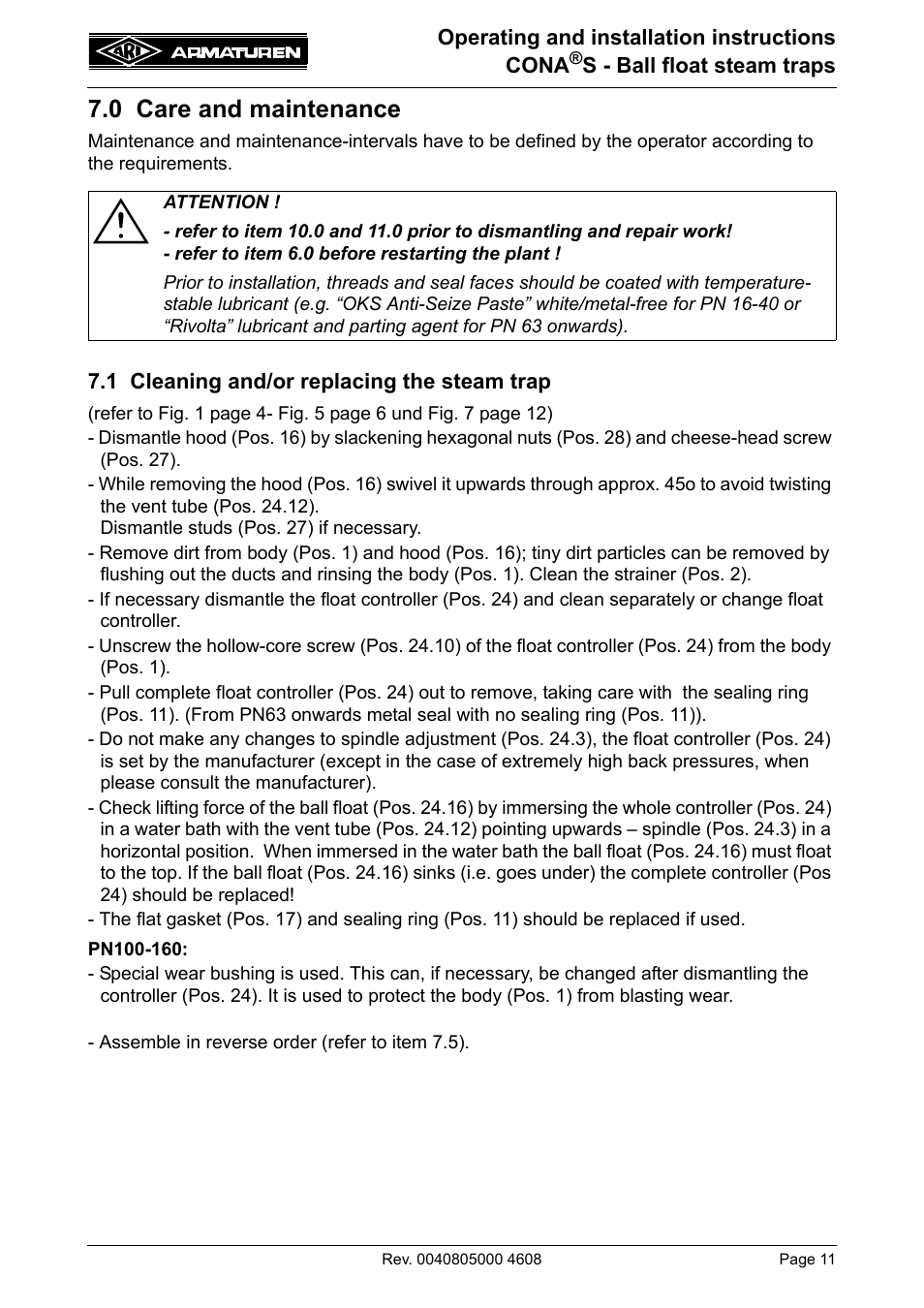 0 care and maintenance, 1 cleaning and/or replacing the steam trap, Ter acid cleaning (see 7.1) | ARI Armaturen CONA S PN160 EN User Manual | Page 11 / 18