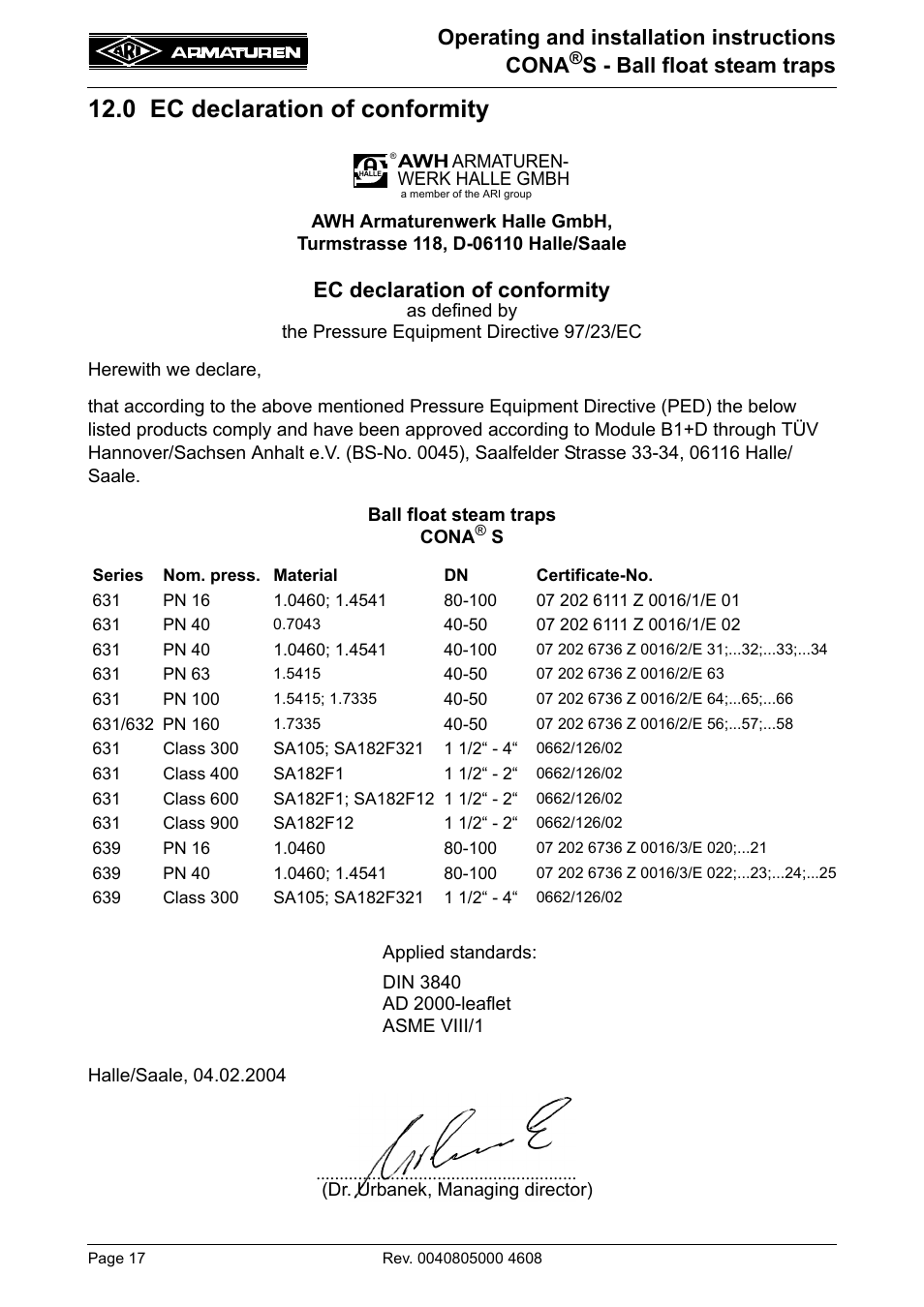 0 ec declaration of conformity, Operating and installation instructions cona, S - ball float steam traps | Ec declaration of conformity | ARI Armaturen CONA S PN160 EN User Manual | Page 17 / 18