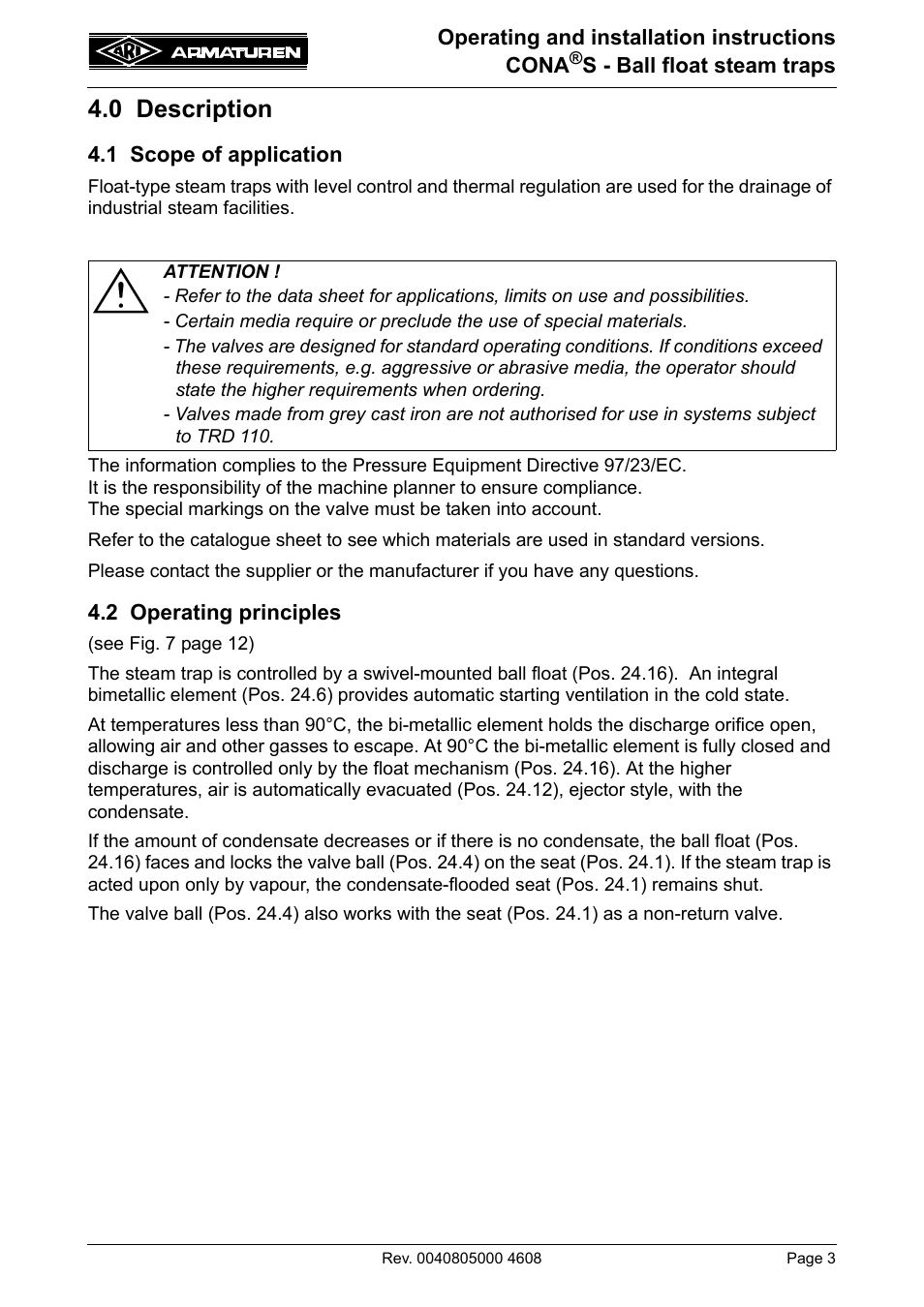 0 description, 1 scope of application, 2 operating principles | ARI Armaturen CONA S PN160 EN User Manual | Page 3 / 18