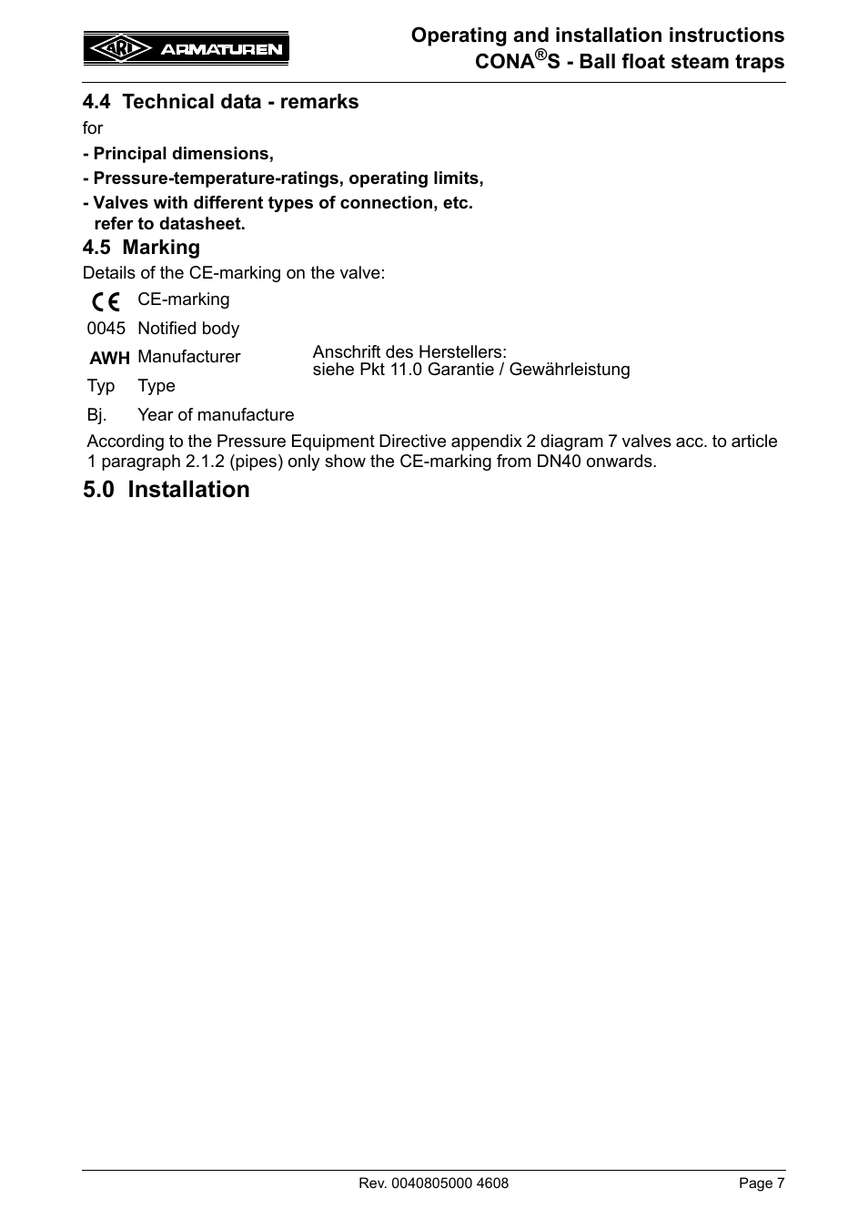 4 technical data - remarks, 5 marking, 0 installation | ARI Armaturen CONA S PN160 EN User Manual | Page 7 / 18