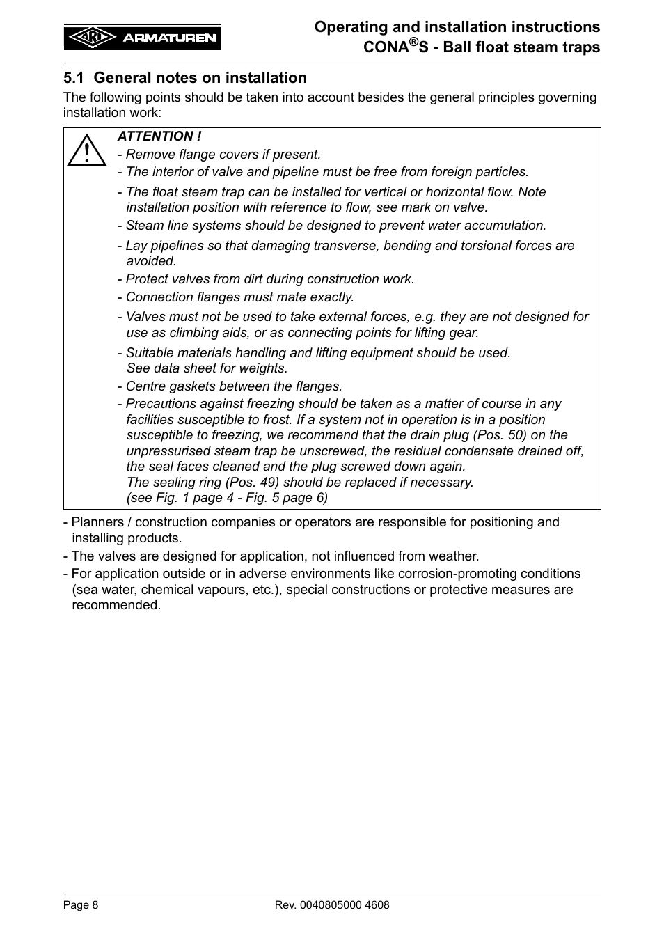 1 general notes on installation | ARI Armaturen CONA S PN160 EN User Manual | Page 8 / 18