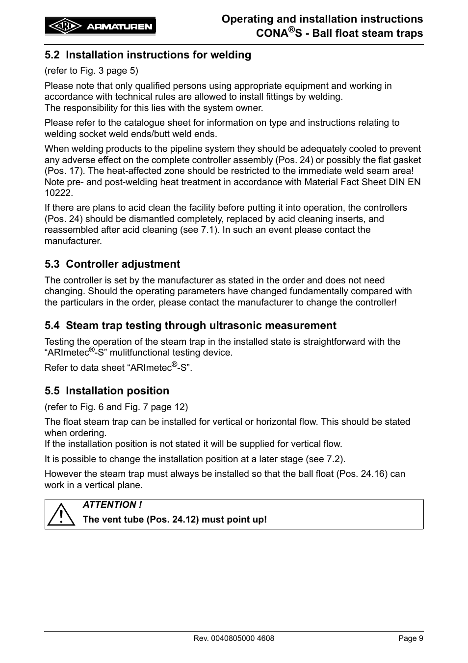 2 installation instructions for welding, 3 controller adjustment, 5 installation position | ARI Armaturen CONA S PN160 EN User Manual | Page 9 / 18