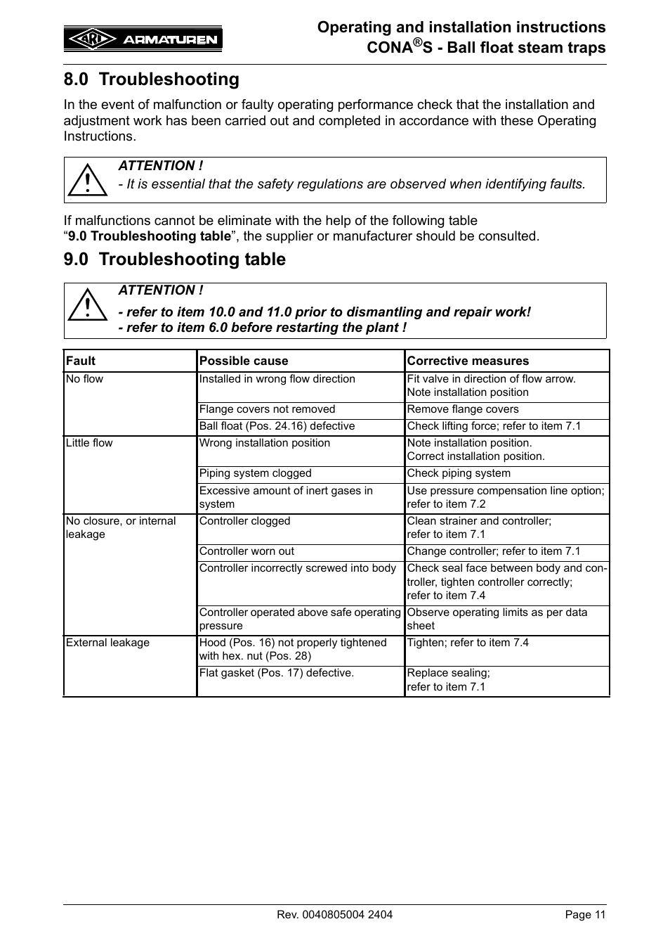 0 troubleshooting, 0 troubleshooting table, Operating and installation instructions cona | S - ball float steam traps | ARI Armaturen CONA S PN40 EN User Manual | Page 11 / 13