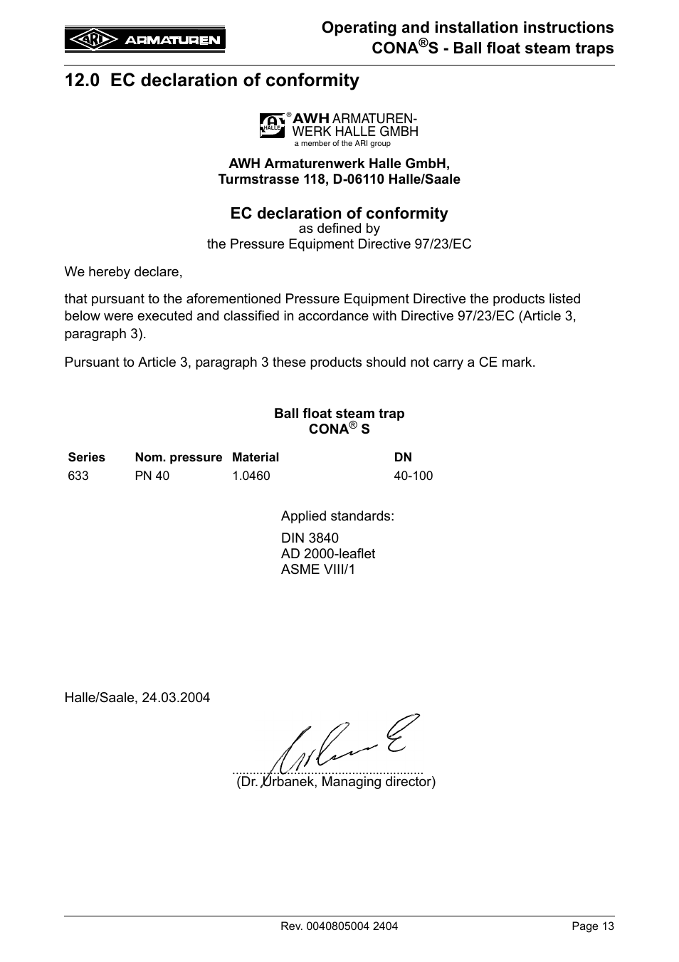 0 ec declaration of conformity, Operating and installation instructions cona, S - ball float steam traps | Ec declaration of conformity | ARI Armaturen CONA S PN40 EN User Manual | Page 13 / 13