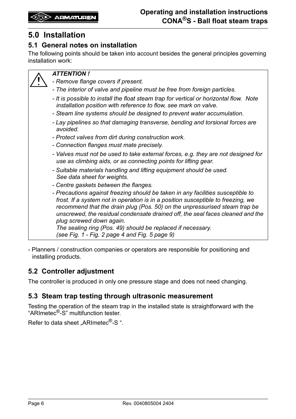 0 installation | ARI Armaturen CONA S PN40 EN User Manual | Page 6 / 13