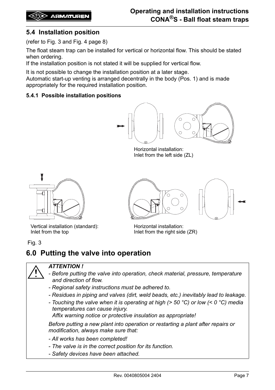 0 putting the valve into operation | ARI Armaturen CONA S PN40 EN User Manual | Page 7 / 13