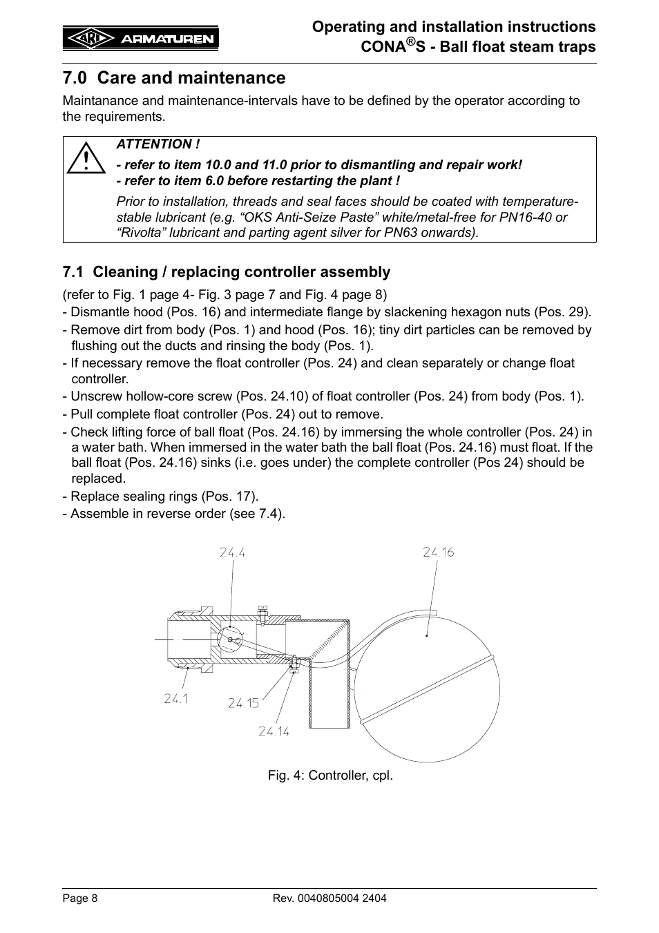 0 care and maintenance | ARI Armaturen CONA S PN40 EN User Manual | Page 8 / 13