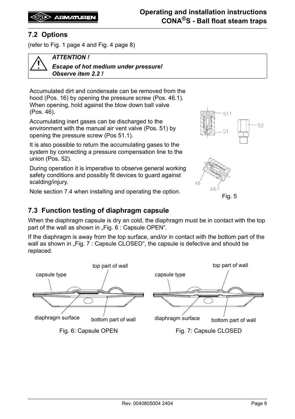 Operating and installation instructions cona, S - ball float steam traps 7.2 options, 3 function testing of diaphragm capsule | ARI Armaturen CONA S PN40 EN User Manual | Page 9 / 13