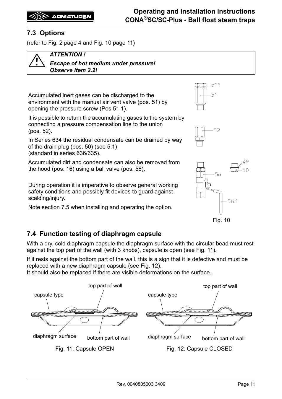 3 options, 4 function testing of diaphragm capsule, Os. 24.17) (see 7.4) | Operating and installation instructions cona, Sc/sc-plus - ball float steam traps 7.3 options | ARI Armaturen CONA SC-Plus PN40 EN User Manual | Page 11 / 16