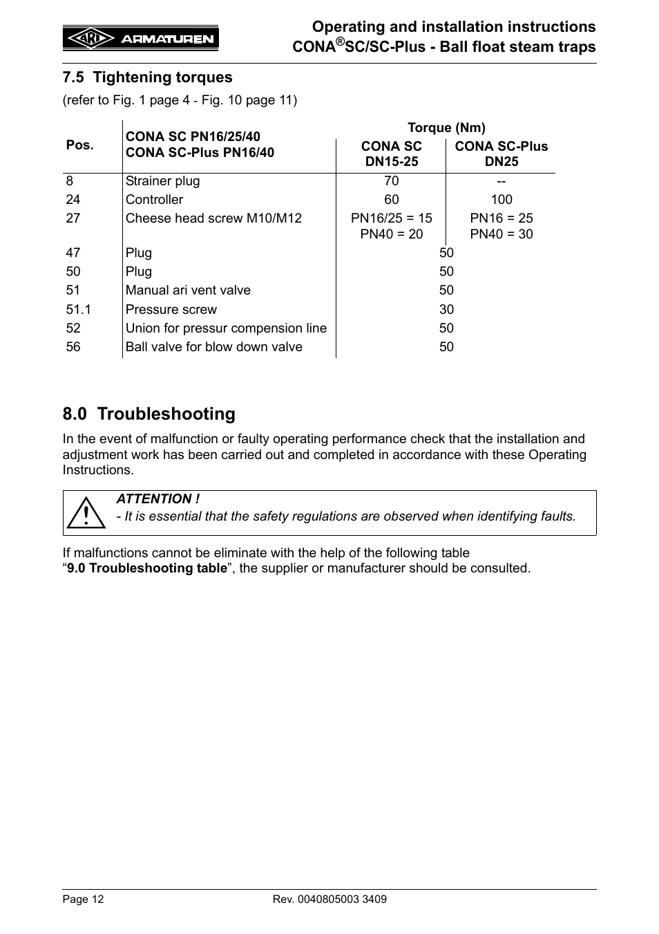 5 tightening torques, 0 troubleshooting, Assemble in reverse order (see 7.5) | ARI Armaturen CONA SC-Plus PN40 EN User Manual | Page 12 / 16