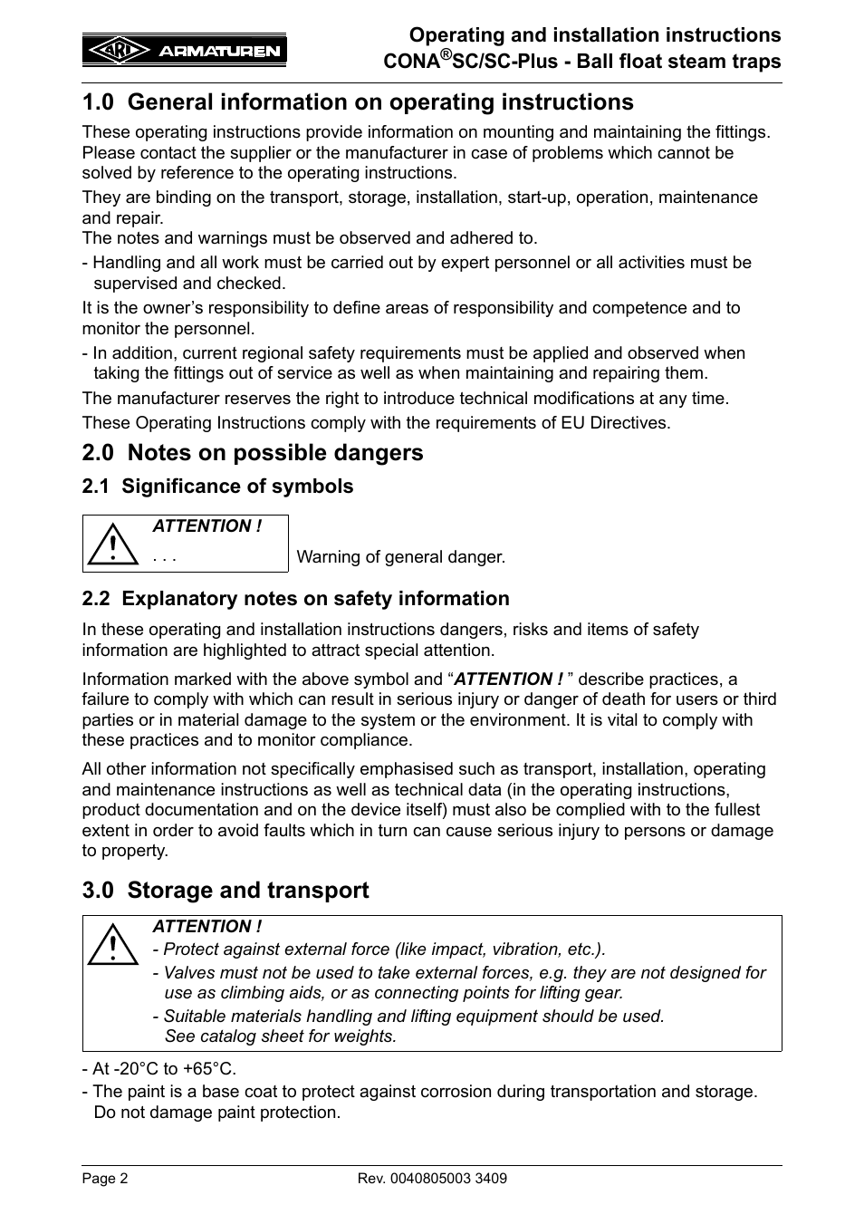 0 general information on operating instructions, 0 notes on possible dangers, 1 significance of symbols | 2 explanatory notes on safety information, 0 storage and transport | ARI Armaturen CONA SC-Plus PN40 EN User Manual | Page 2 / 16