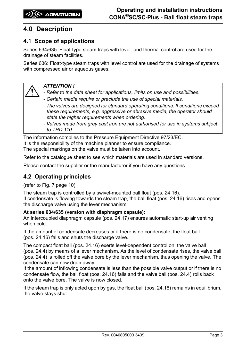 0 description, 1 scope of applications, 2 operating principles | ARI Armaturen CONA SC-Plus PN40 EN User Manual | Page 3 / 16
