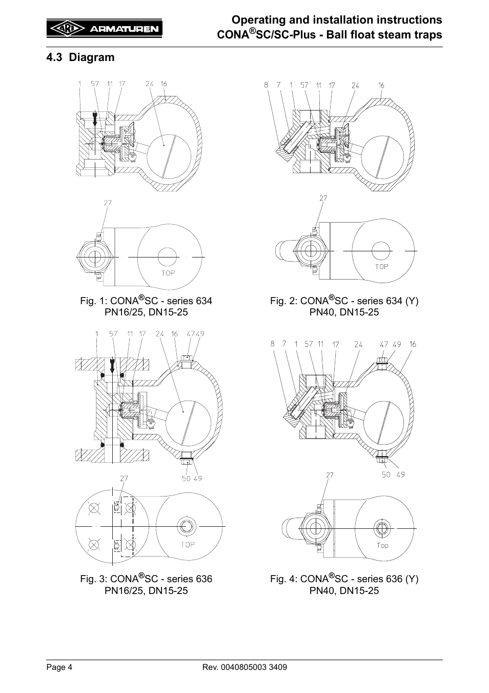3 diagram, Operating and installation instructions cona, Sc/sc-plus - ball float steam traps 4.3 diagram | ARI Armaturen CONA SC-Plus PN40 EN User Manual | Page 4 / 16