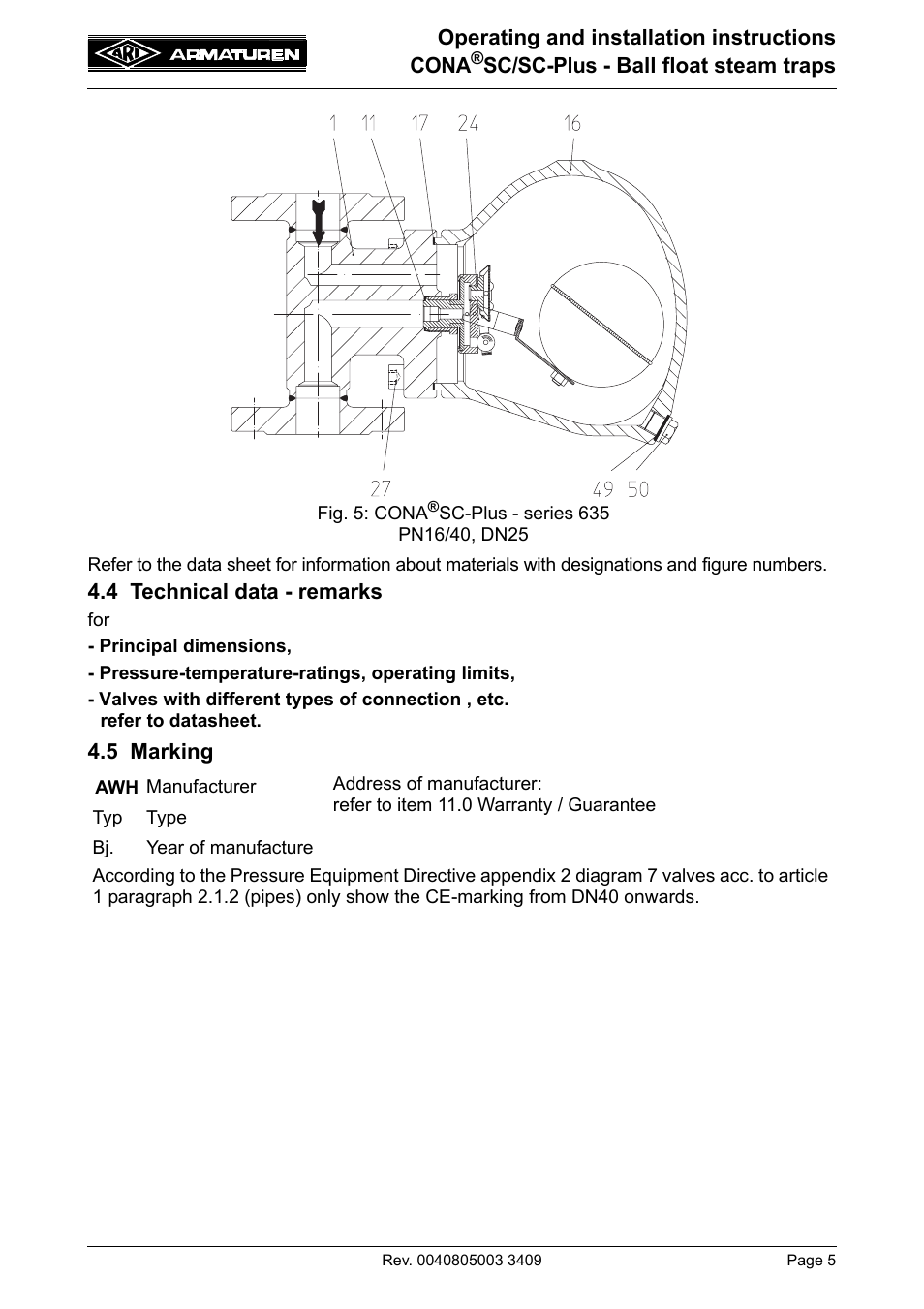 4 technical data - remarks, 5 marking | ARI Armaturen CONA SC-Plus PN40 EN User Manual | Page 5 / 16