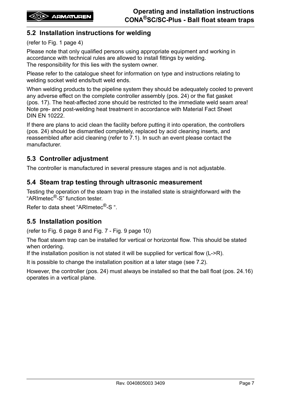 2 installation instructions for welding, 3 controller adjustment, 5 installation position | ARI Armaturen CONA SC-Plus PN40 EN User Manual | Page 7 / 16
