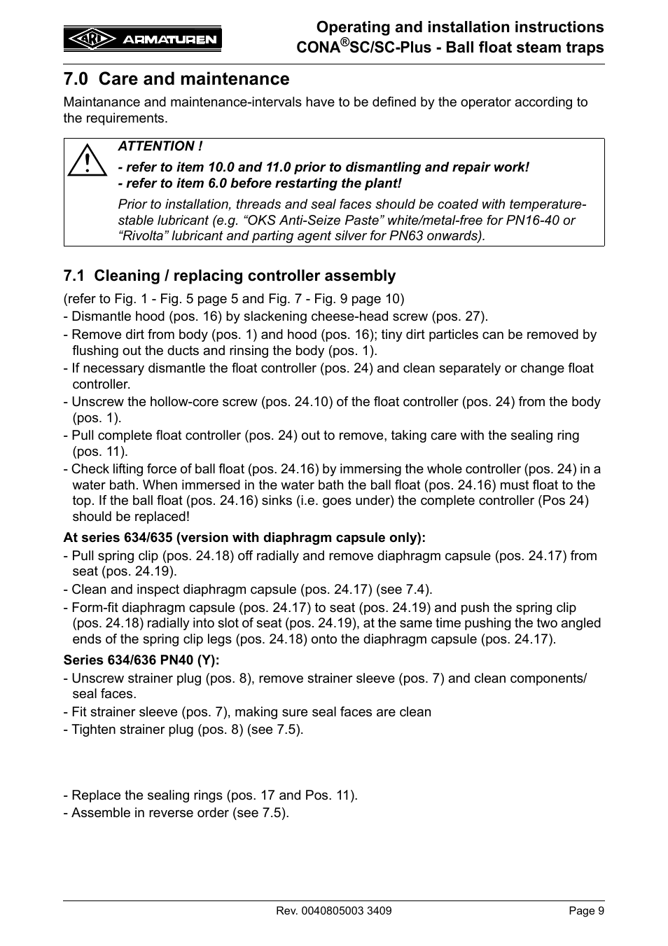 0 care and maintenance, 1 cleaning / replacing controller assembly | ARI Armaturen CONA SC-Plus PN40 EN User Manual | Page 9 / 16