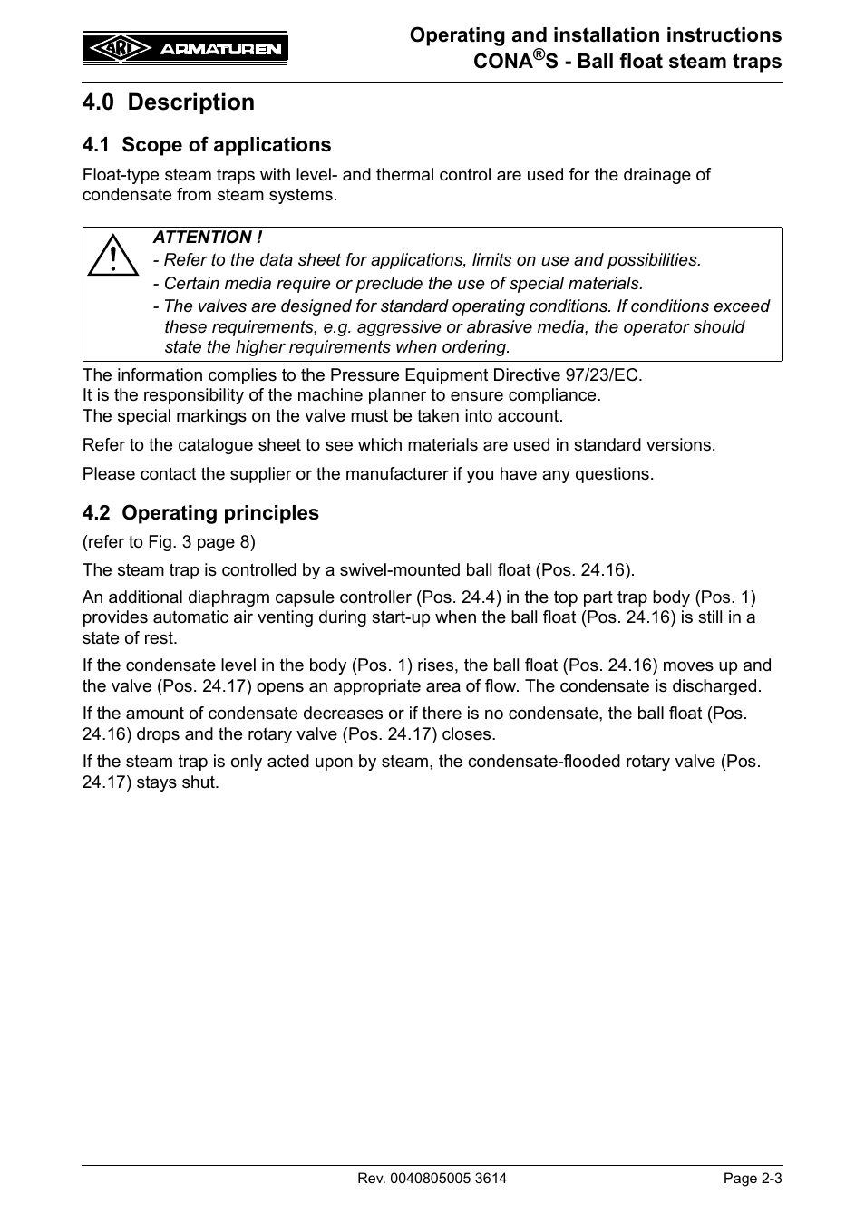0 description, 1 scope of applications, 2 operating principles | ARI Armaturen CONA S PN40 EN User Manual | Page 3 / 11