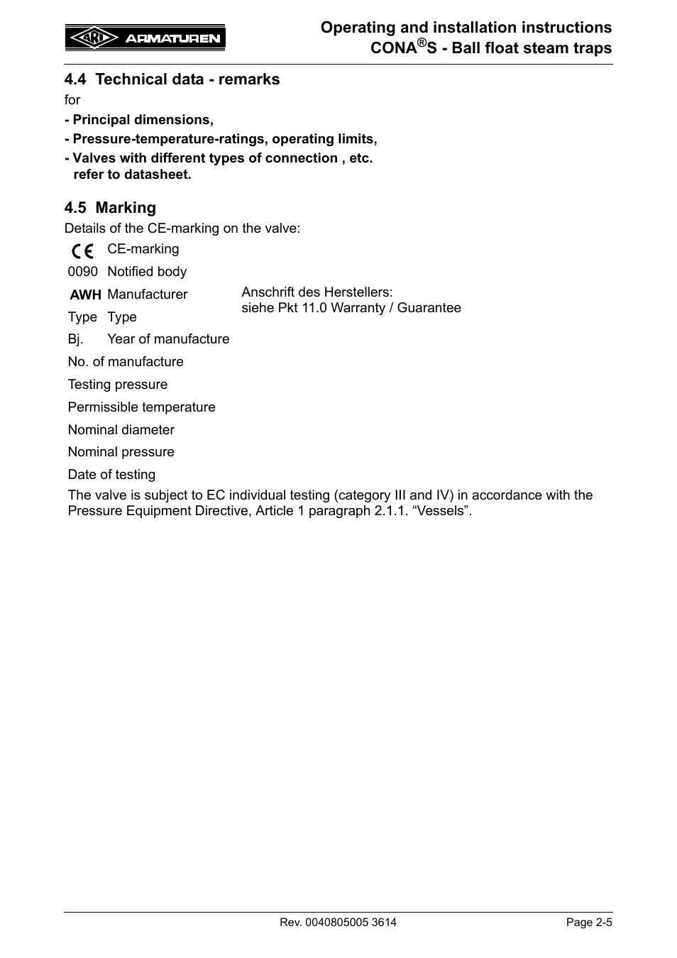 4 technical data - remarks, 5 marking | ARI Armaturen CONA S PN40 EN User Manual | Page 5 / 11