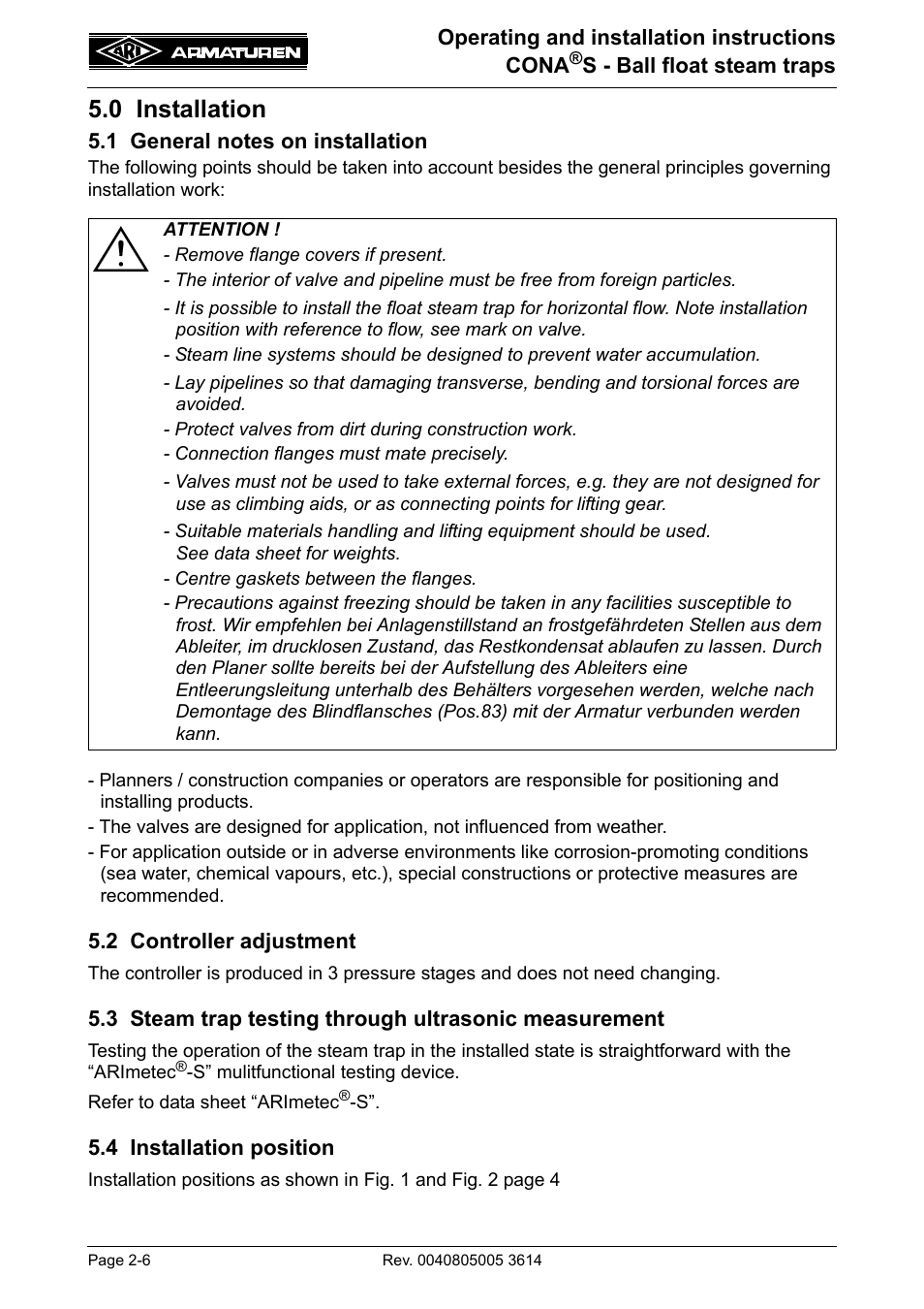 0 installation, 1 general notes on installation, 2 controller adjustment | 4 installation position | ARI Armaturen CONA S PN40 EN User Manual | Page 6 / 11