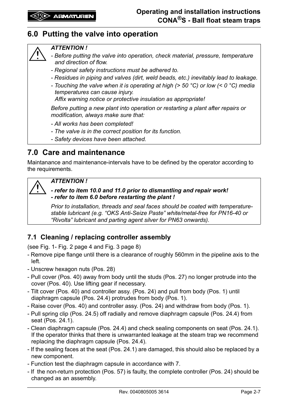 0 putting the valve into operation, 0 care and maintenance, 1 cleaning / replacing controller assembly | ARI Armaturen CONA S PN40 EN User Manual | Page 7 / 11