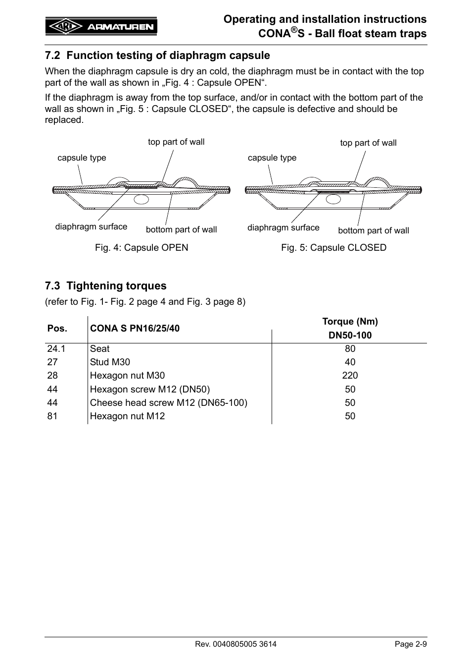 2 function testing of diaphragm capsule, 3 tightening torques | ARI Armaturen CONA S PN40 EN User Manual | Page 9 / 11