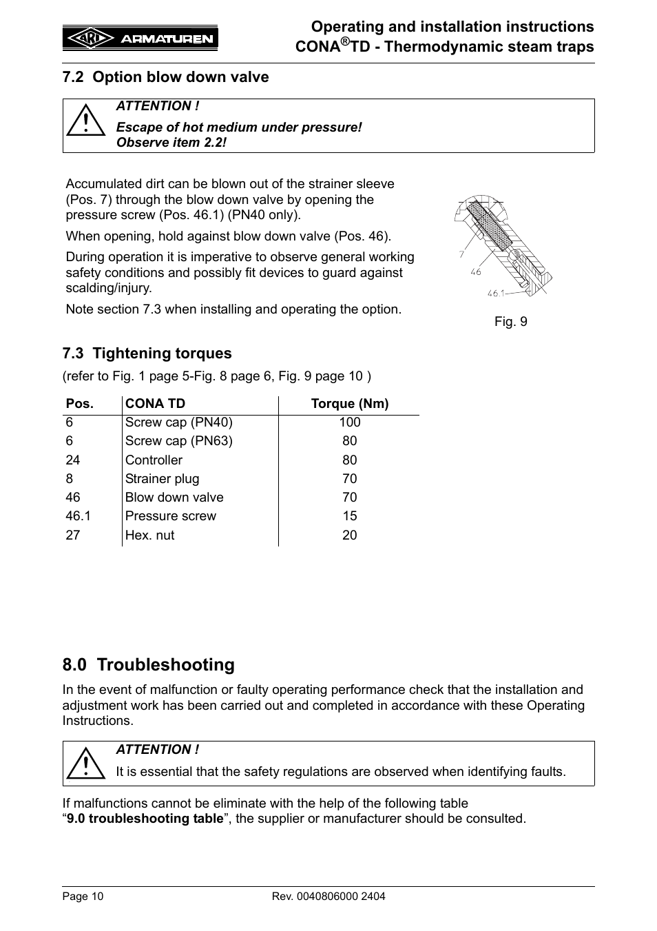 0 troubleshooting | ARI Armaturen CONA TD PN63 EN User Manual | Page 10 / 13
