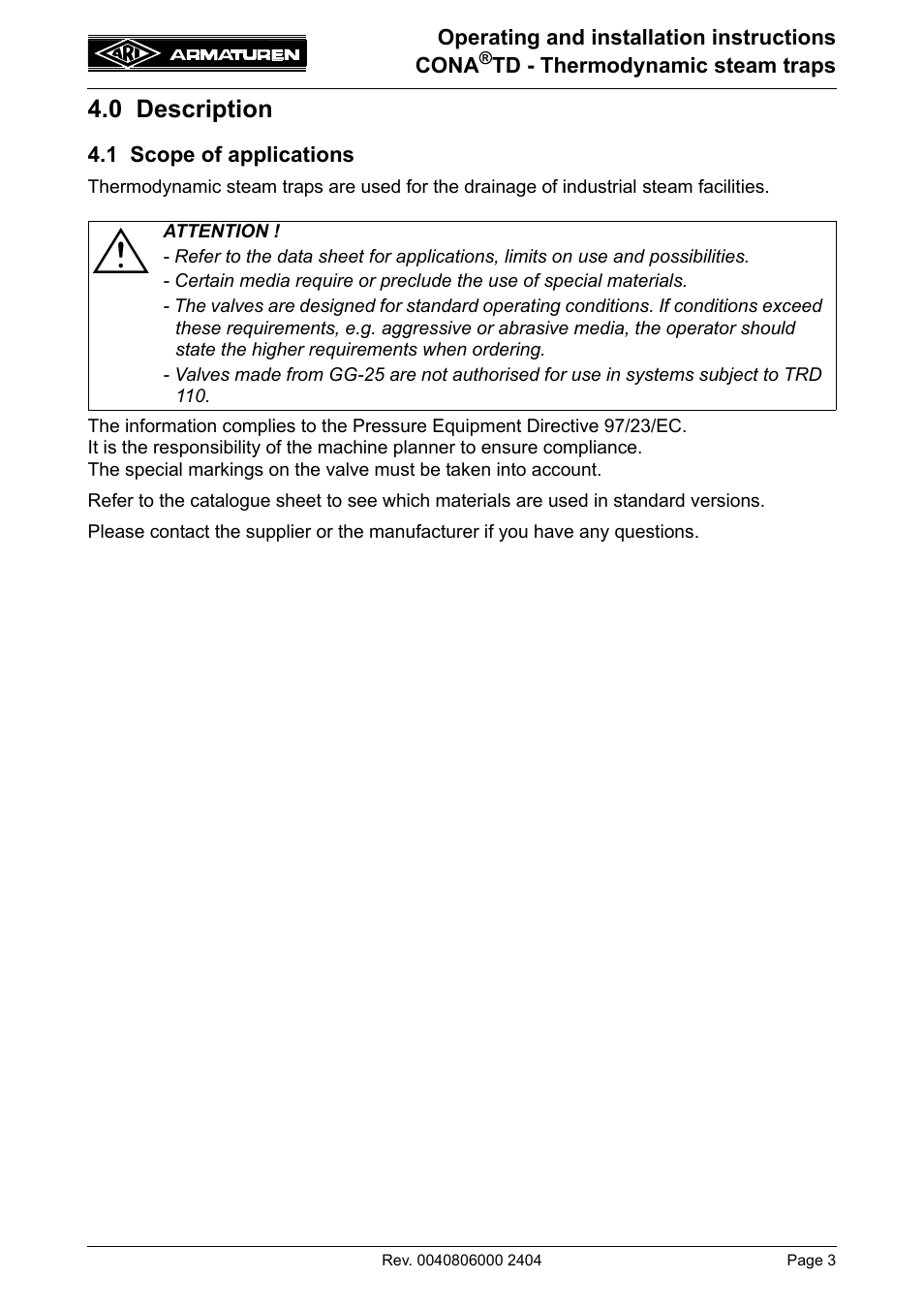 0 description | ARI Armaturen CONA TD PN63 EN User Manual | Page 3 / 13