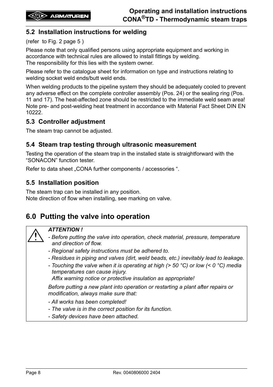 0 putting the valve into operation | ARI Armaturen CONA TD PN63 EN User Manual | Page 8 / 13