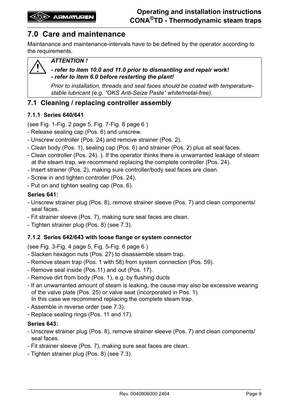 0 care and maintenance | ARI Armaturen CONA TD PN63 EN User Manual | Page 9 / 13