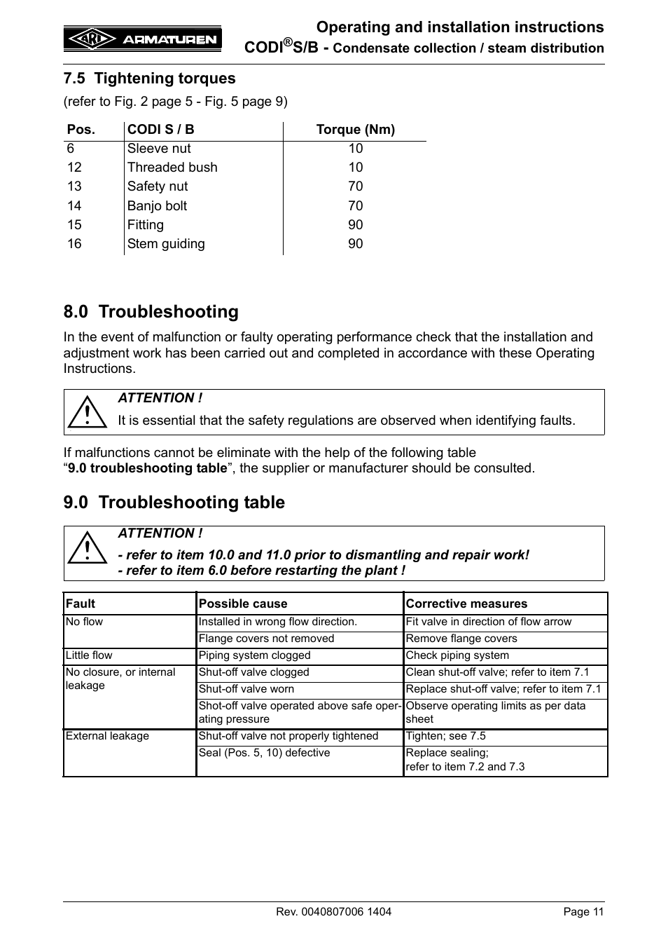 0 troubleshooting, 0 troubleshooting table, Operating and installation instructions codi | 5 tightening torques | ARI Armaturen CODI B PN63 EN User Manual | Page 11 / 13