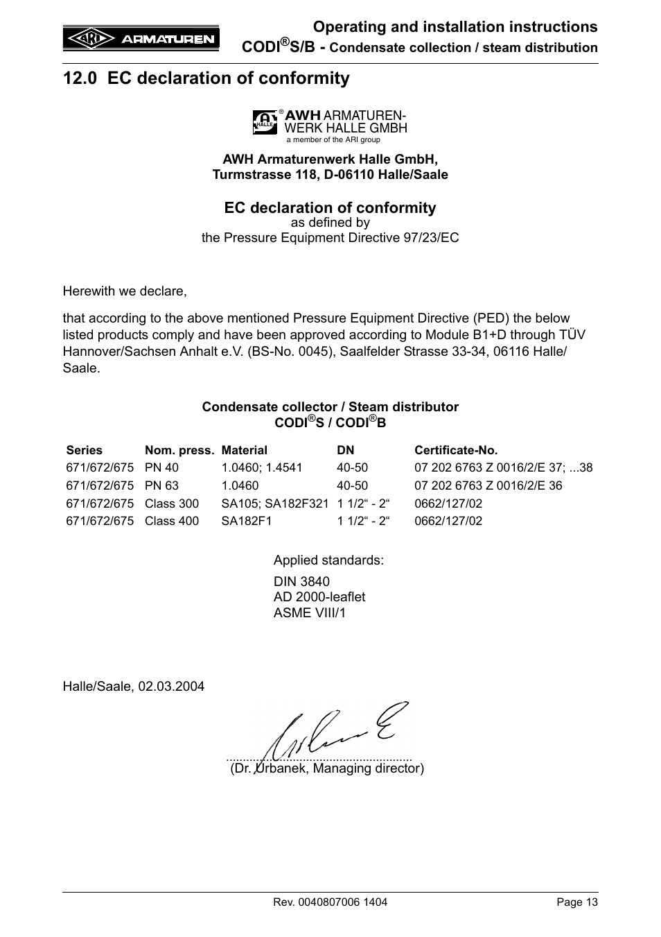 0 ec declaration of conformity, Operating and installation instructions codi, Ec declaration of conformity | ARI Armaturen CODI B PN63 EN User Manual | Page 13 / 13