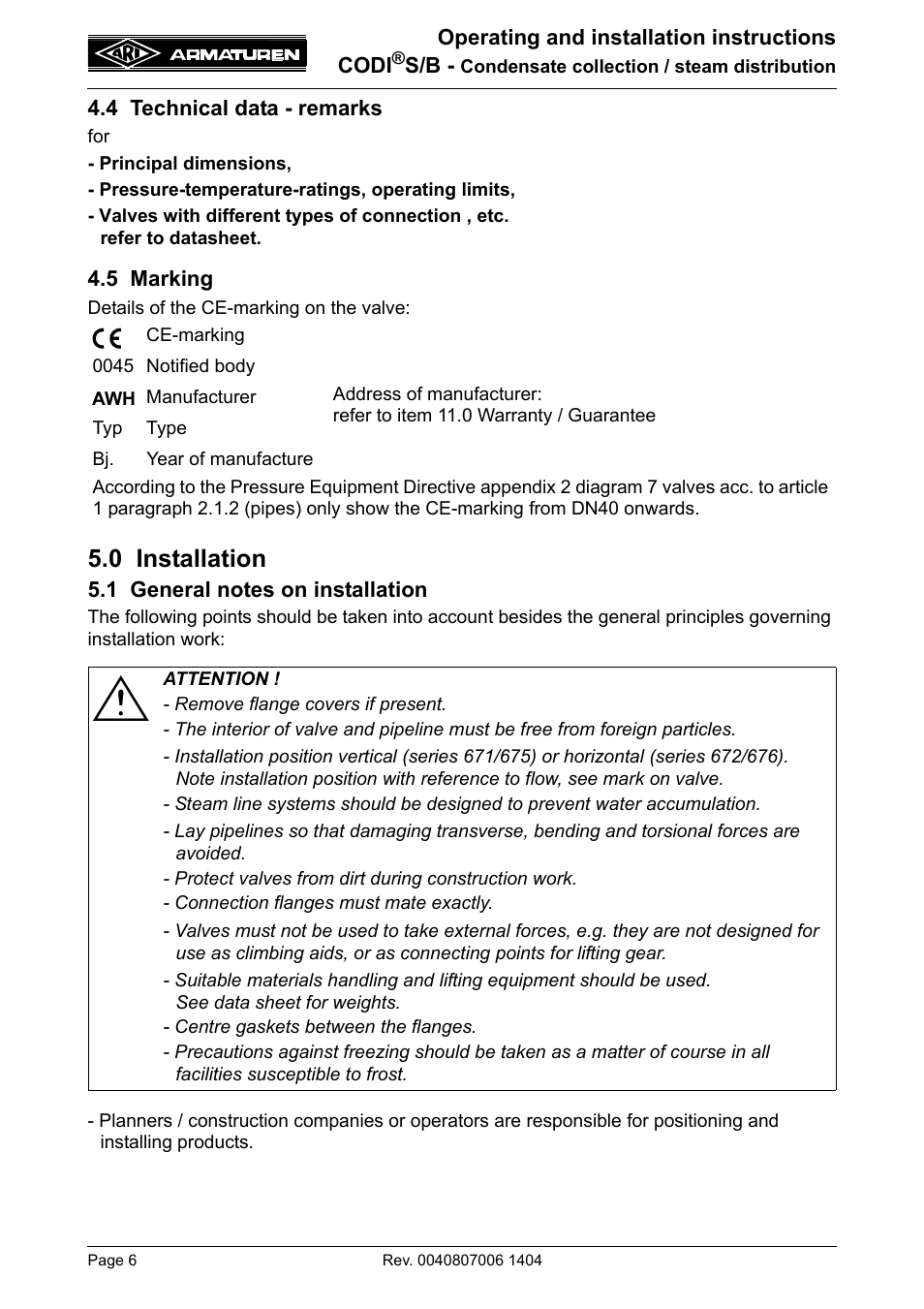 0 installation | ARI Armaturen CODI B PN63 EN User Manual | Page 6 / 13