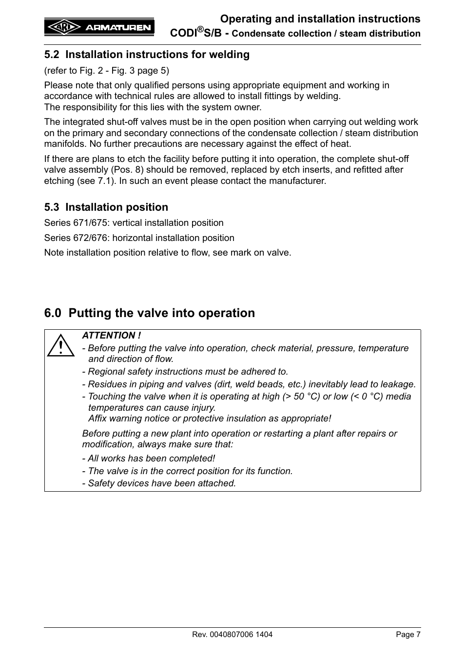 0 putting the valve into operation | ARI Armaturen CODI B PN63 EN User Manual | Page 7 / 13