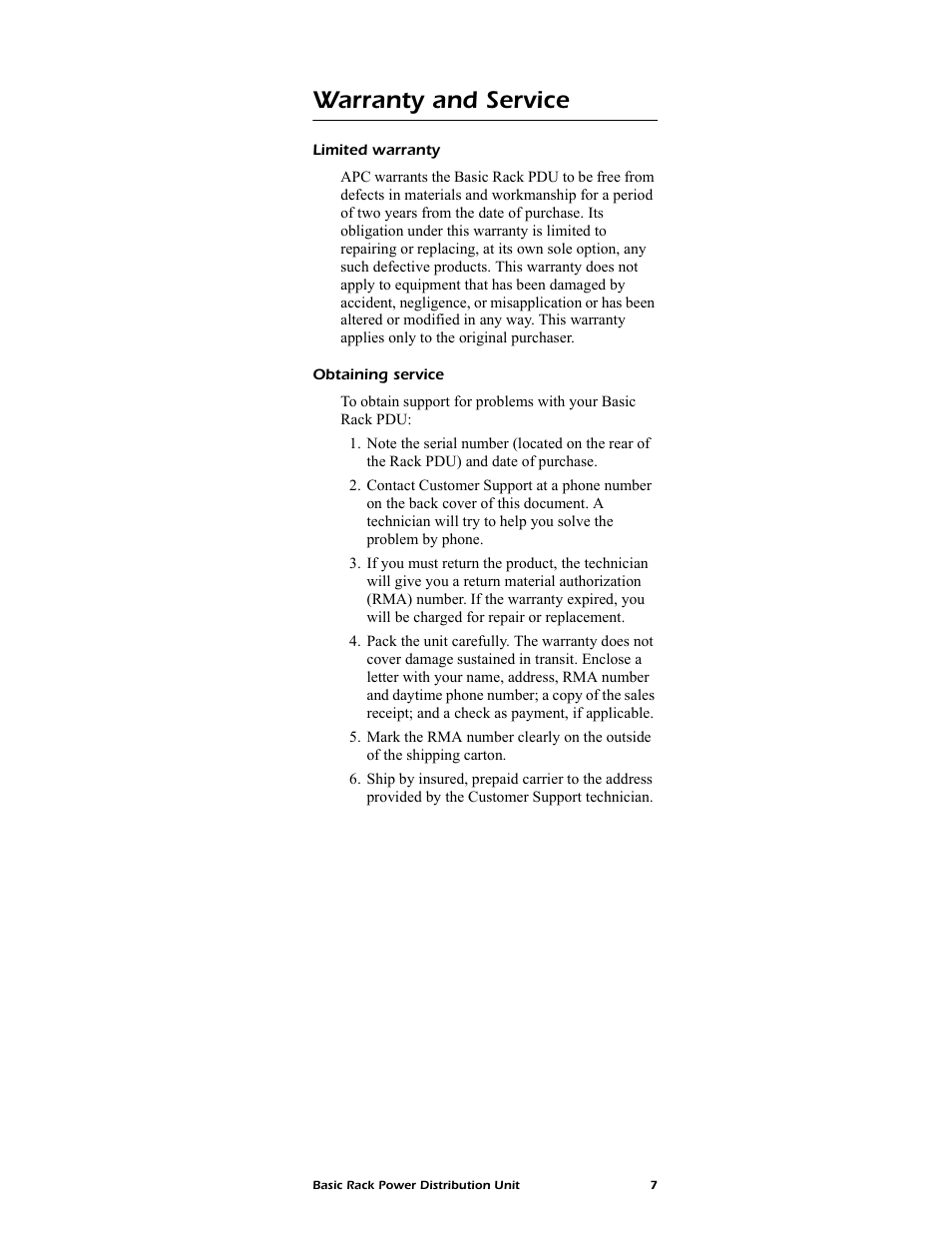 Warranty and service, Limited warranty, Obtaining service | American Power Conversion AP9559 User Manual | Page 11 / 16