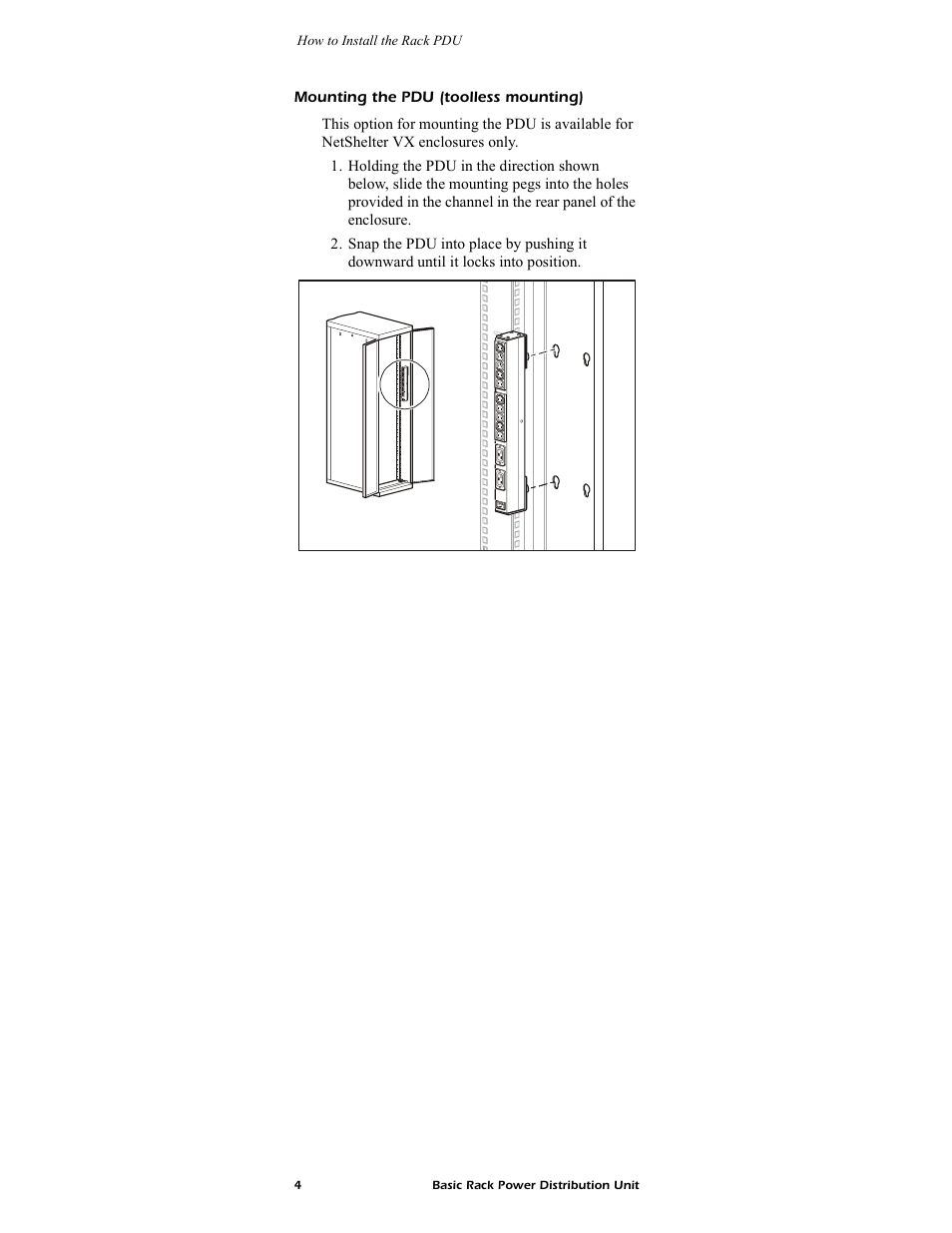 Mounting the pdu (toolless mounting) | American Power Conversion AP9559 User Manual | Page 8 / 16