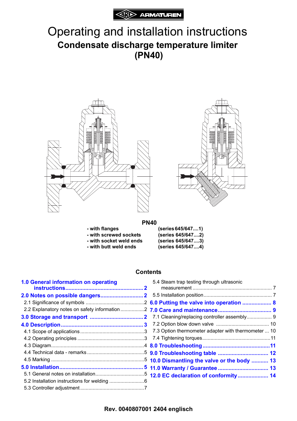 ARI Armaturen Condensate PN40 EN User Manual | 14 pages