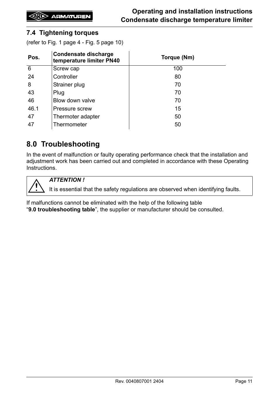0 troubleshooting | ARI Armaturen Condensate PN40 EN User Manual | Page 11 / 14