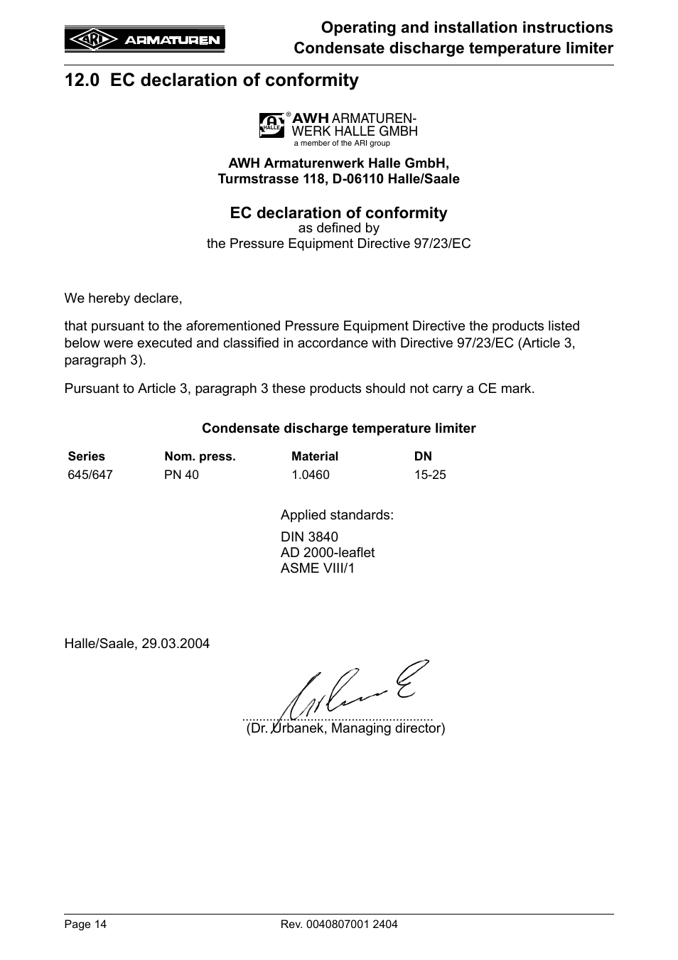 0 ec declaration of conformity, Ec declaration of conformity | ARI Armaturen Condensate PN40 EN User Manual | Page 14 / 14