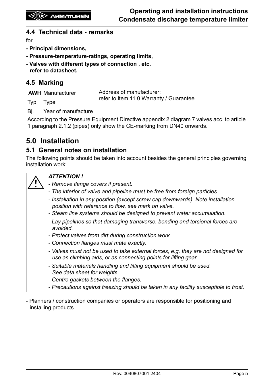 0 installation | ARI Armaturen Condensate PN40 EN User Manual | Page 5 / 14