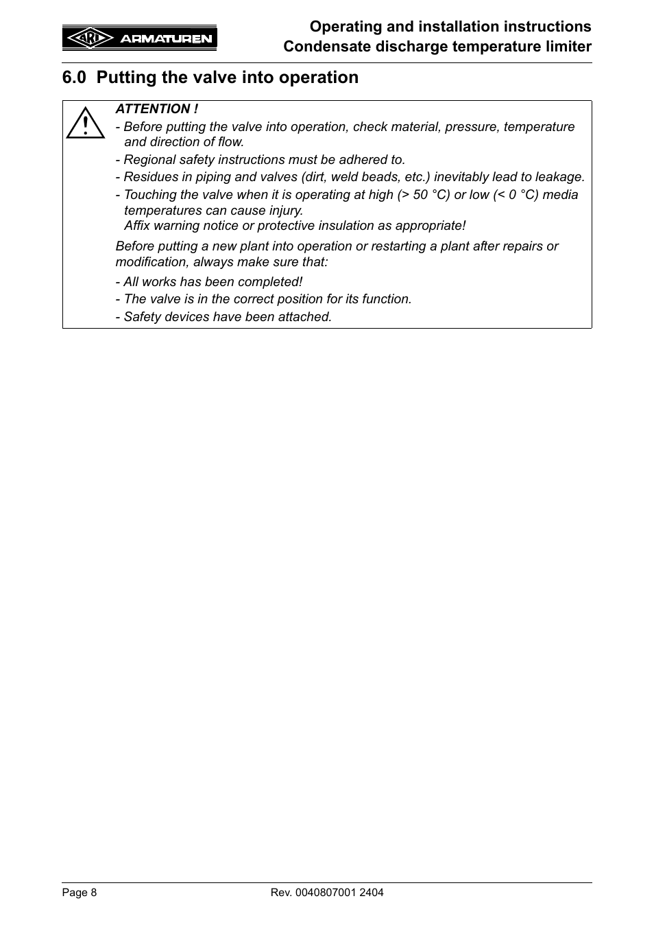 0 putting the valve into operation | ARI Armaturen Condensate PN40 EN User Manual | Page 8 / 14