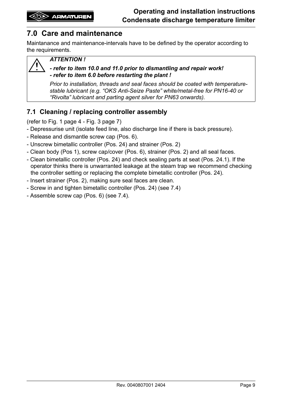 0 care and maintenance | ARI Armaturen Condensate PN40 EN User Manual | Page 9 / 14