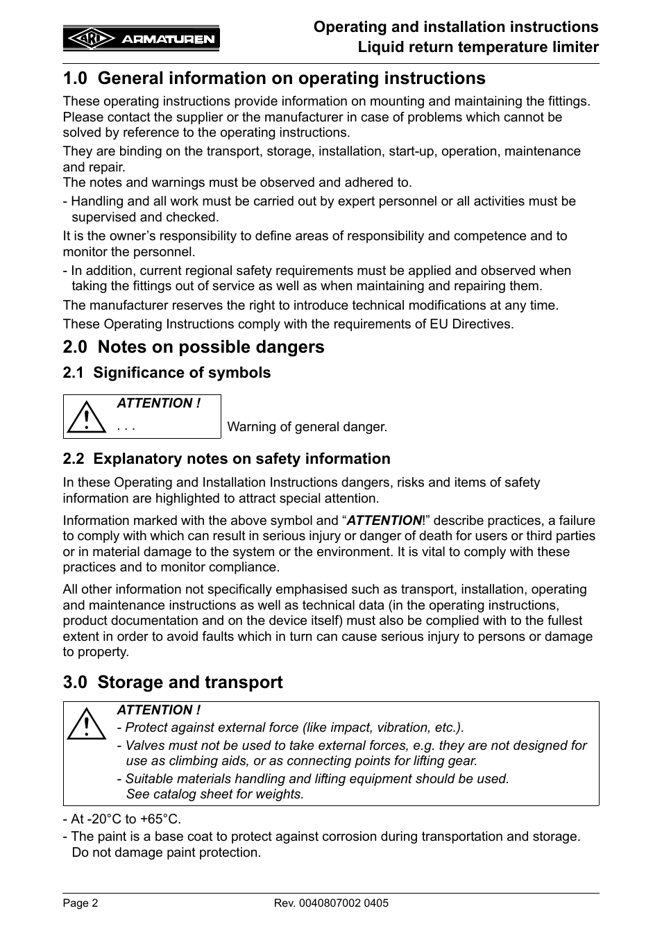 0 general information on operating instructions, 0 notes on possible dangers, 0 storage and transport | ARI Armaturen Liquid PN25 EN User Manual | Page 2 / 11