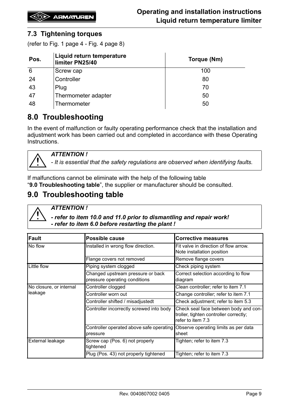 0 troubleshooting, 0 troubleshooting table | ARI Armaturen Liquid PN25 EN User Manual | Page 9 / 11