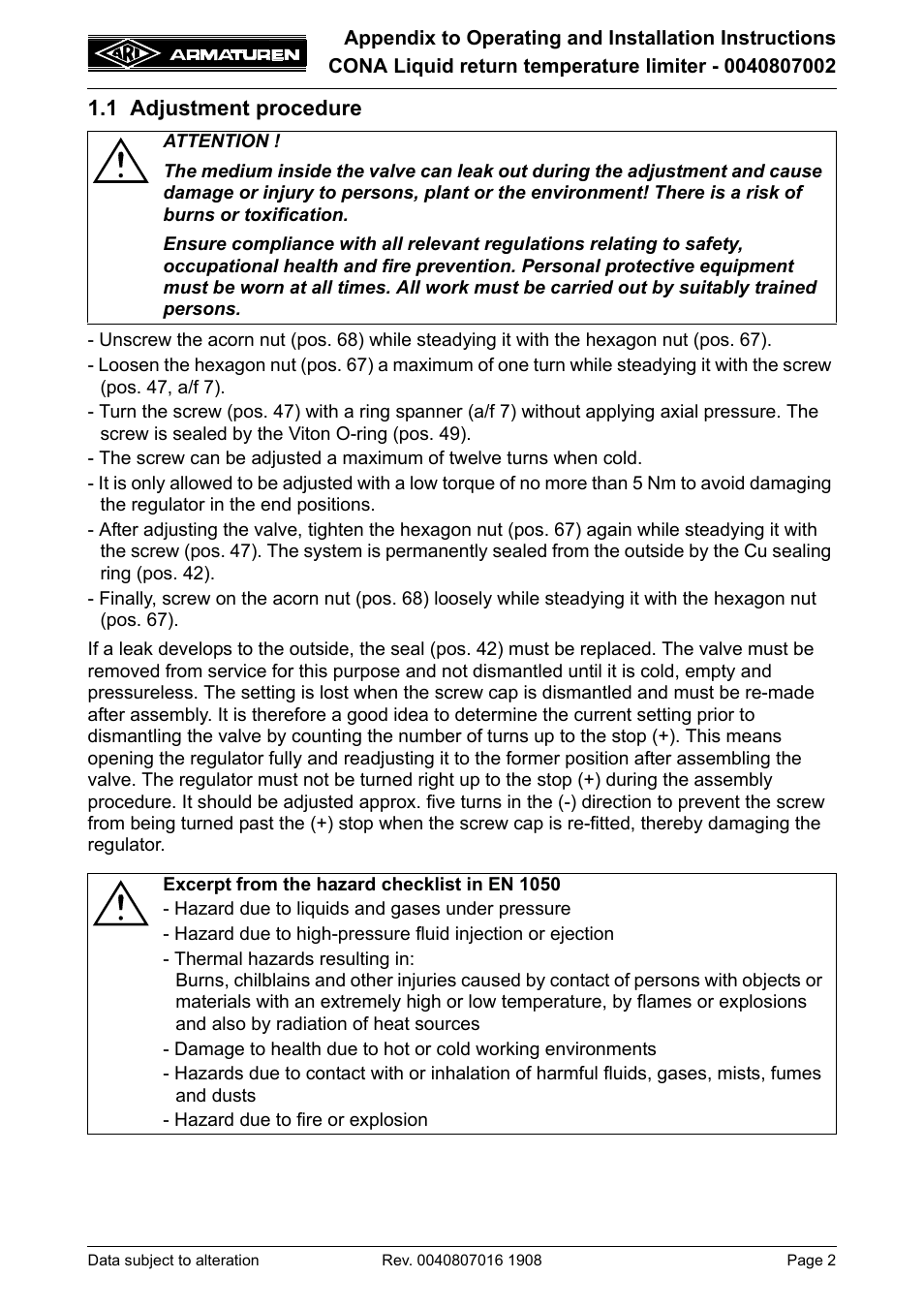 1 adjustment procedure | ARI Armaturen 0040807002 EN User Manual | Page 2 / 2
