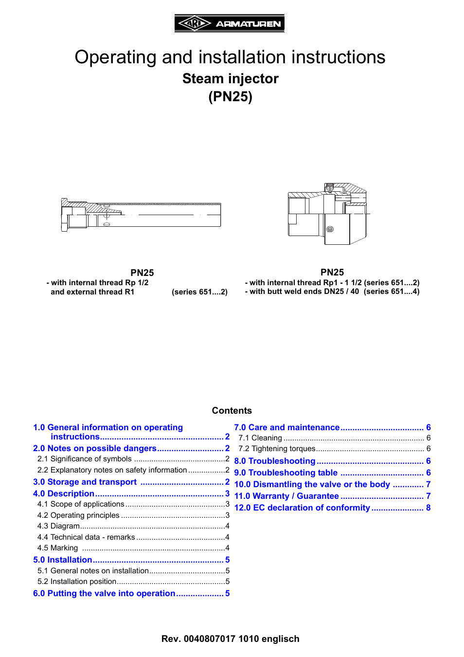 ARI Armaturen Steam injector PN25 EN User Manual | 8 pages