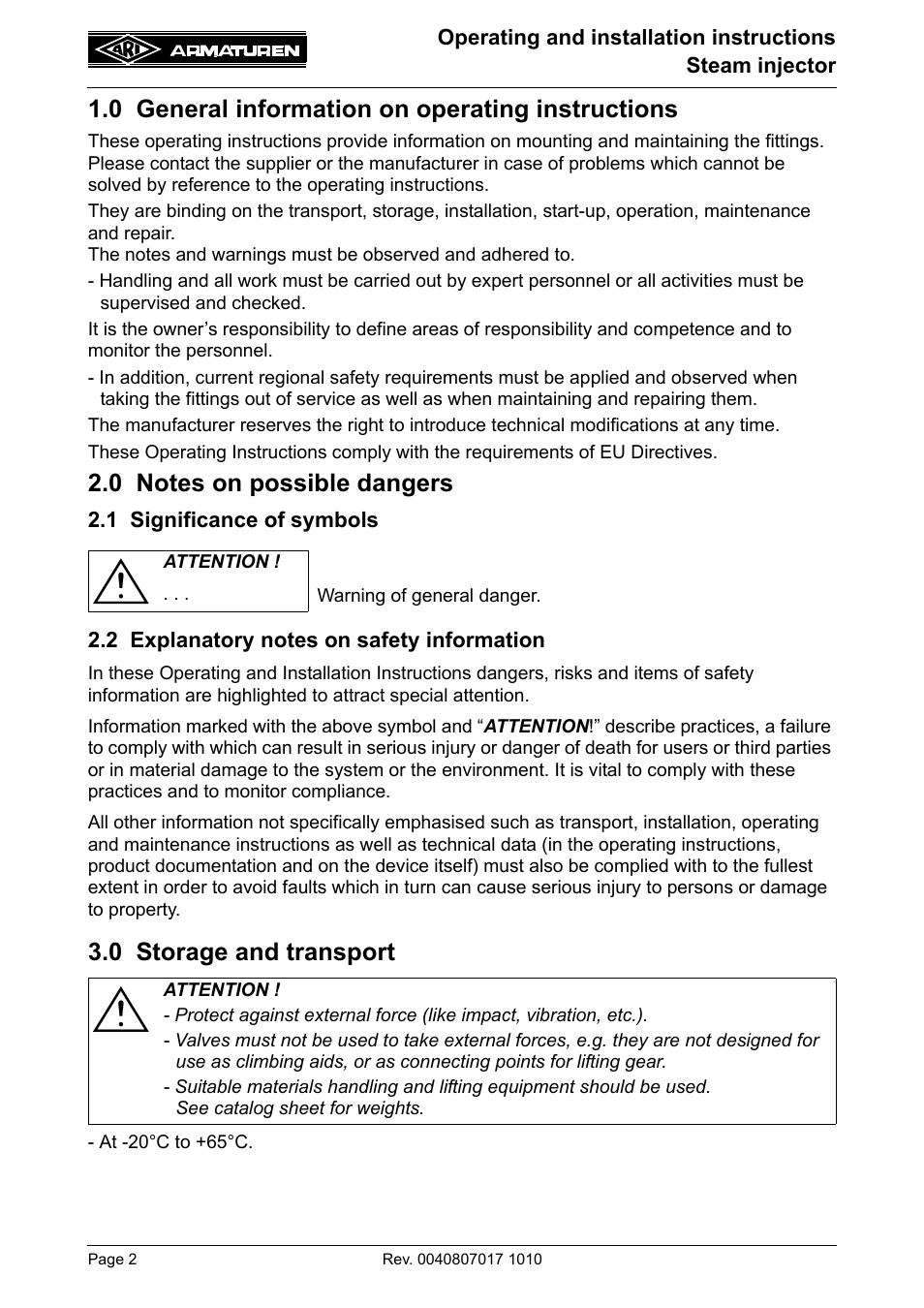 0 general information on operating instructions, 0 notes on possible dangers, 1 significance of symbols | 2 explanatory notes on safety information, 0 storage and transport | ARI Armaturen Steam injector PN25 EN User Manual | Page 2 / 8