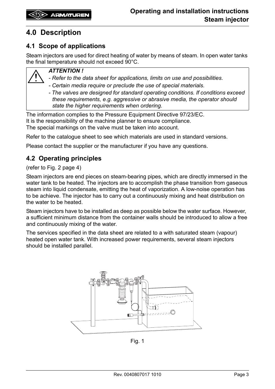 0 description, 1 scope of applications, 2 operating principles | ARI Armaturen Steam injector PN25 EN User Manual | Page 3 / 8